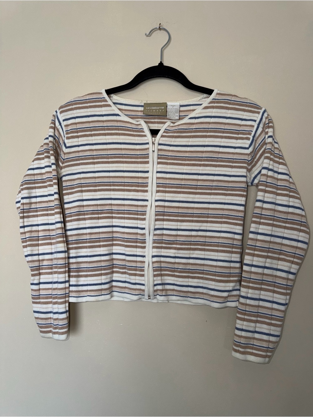 Liz Claiborne Striped Zip-Front Top - White, Tan & Blue